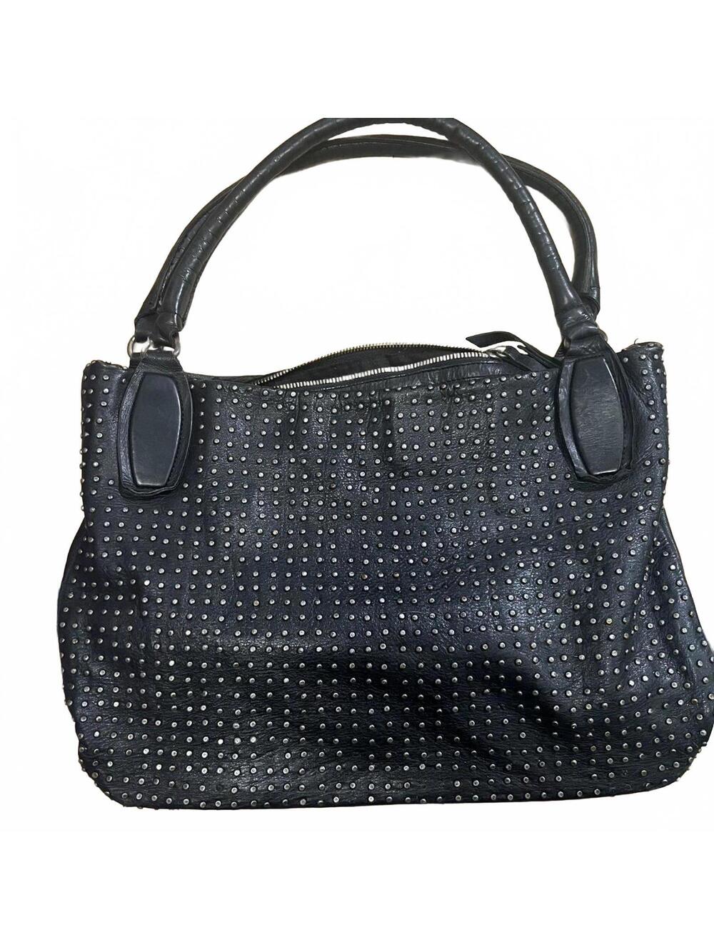 Platania Italian Handcrafted Black Leather Studded Hobo Bag with Silver Hardware